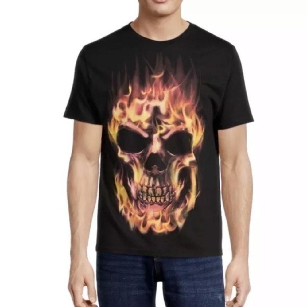 Flaming Skull Black T-Shirt Biker Short Sleeve Size Small Halloween